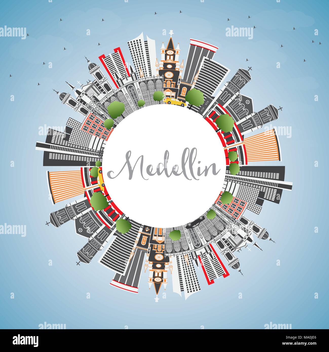 Medellin Colombie Ville avec des bâtiments gris, ciel bleu et copier l'espace. Vector Illustration. Les voyages d'affaires et tourisme Concept Illustration de Vecteur