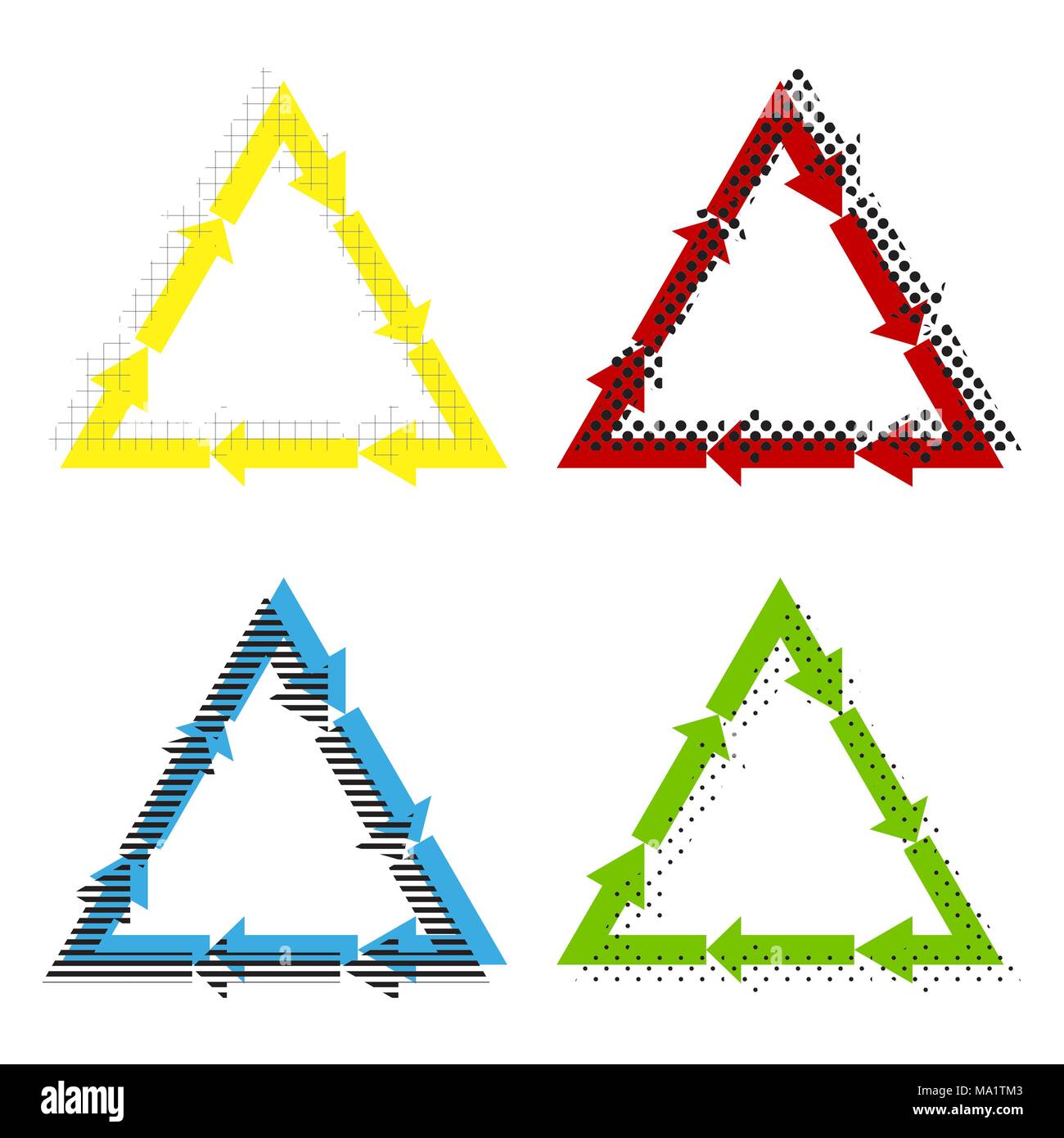 Symbole de recyclage du plastique recyclage du plastique PVC 3 , PVC code 3. Vecteur. Jaune, rouge, bleu, vert les icônes avec leur texture noire à fond blanc. Illustration de Vecteur