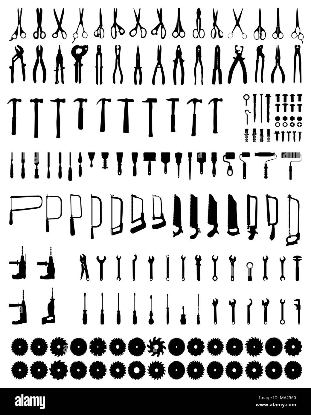 Ensemble d'outils de silhouettes noires sur fond blanc Banque D'Images