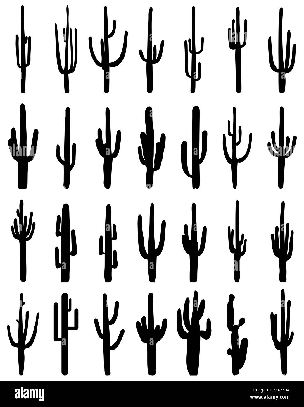 Silhouettes noires de différents cactus sur fond blanc, vector Banque D'Images