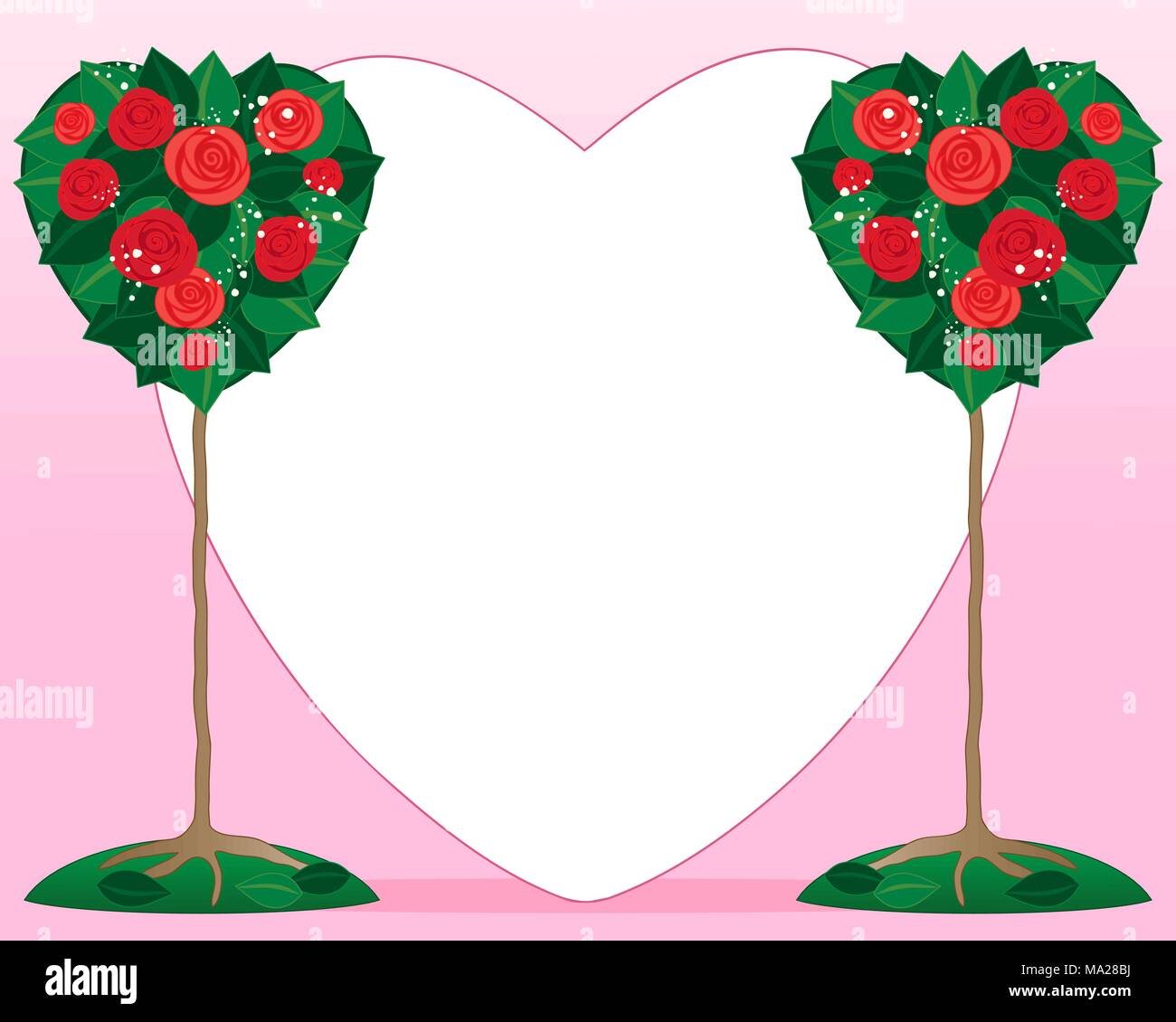 Une Illustration De Deux Rosiers En Plein Cœur De Formes Avec Un Gros Coeur D Amour Blanc Au Milieu De L Espace Pour Des Messages Sur Un Fond Rose Image Vectorielle Stock Alamy
