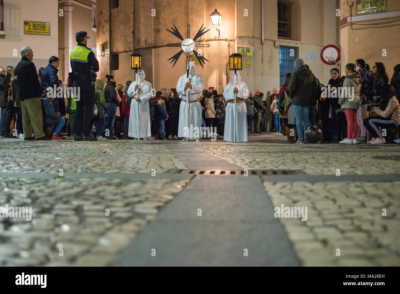 Badajoz, Espagne, dimanche. Le 28 mars. En 2018. La fraternité et la confrérie de notre père Jésus de l'humanité, notre fatherjesus de l'arrestation et la Très Sainte Vierge Marie Banque D'Images