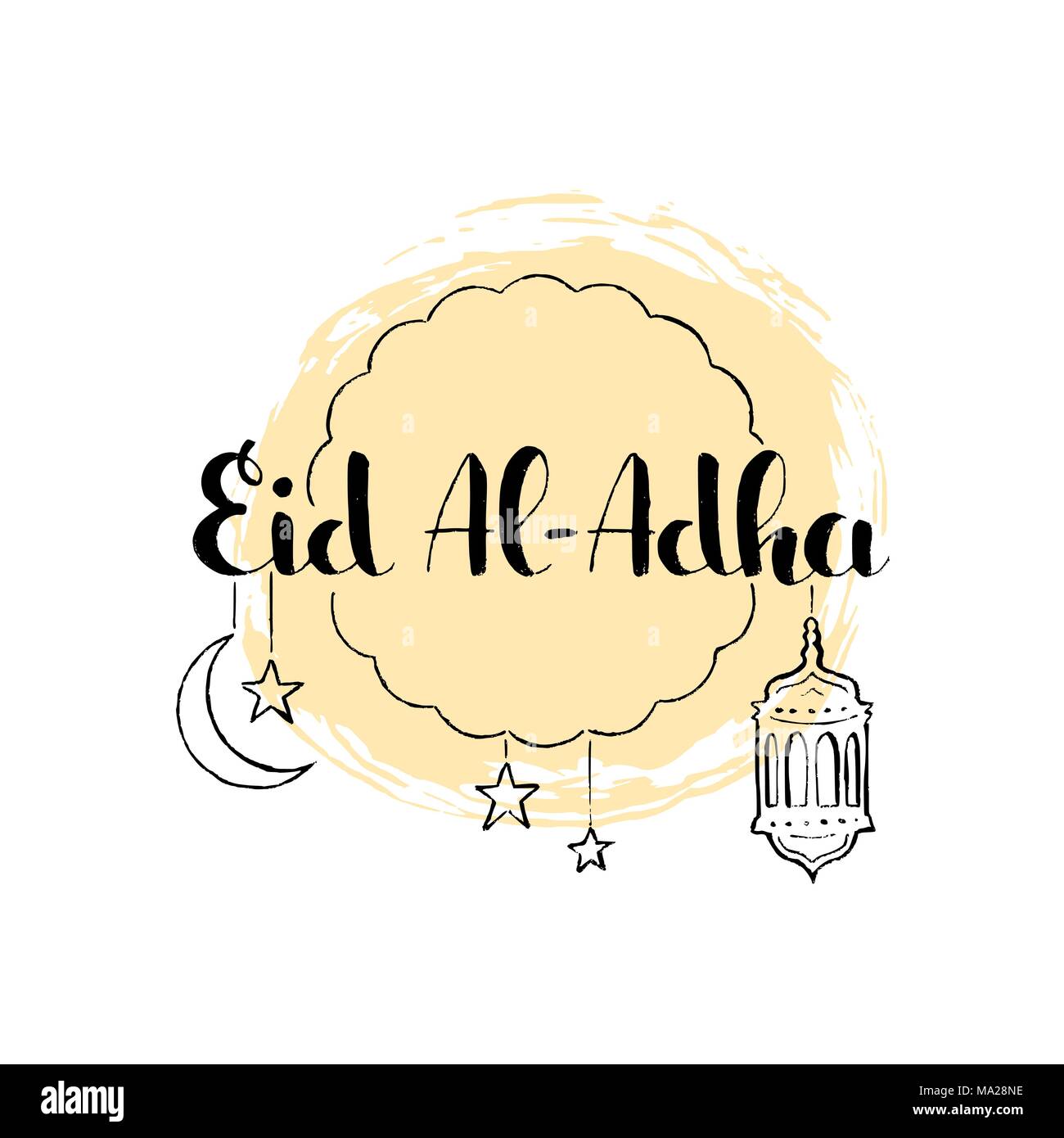 Eid Al-Adha lettrage manuscrit. Fête du Sacrifice. Vector hand drawn moderne avec de la calligraphie de croissant de lune, des étoiles et de la lanterne Illustration de Vecteur