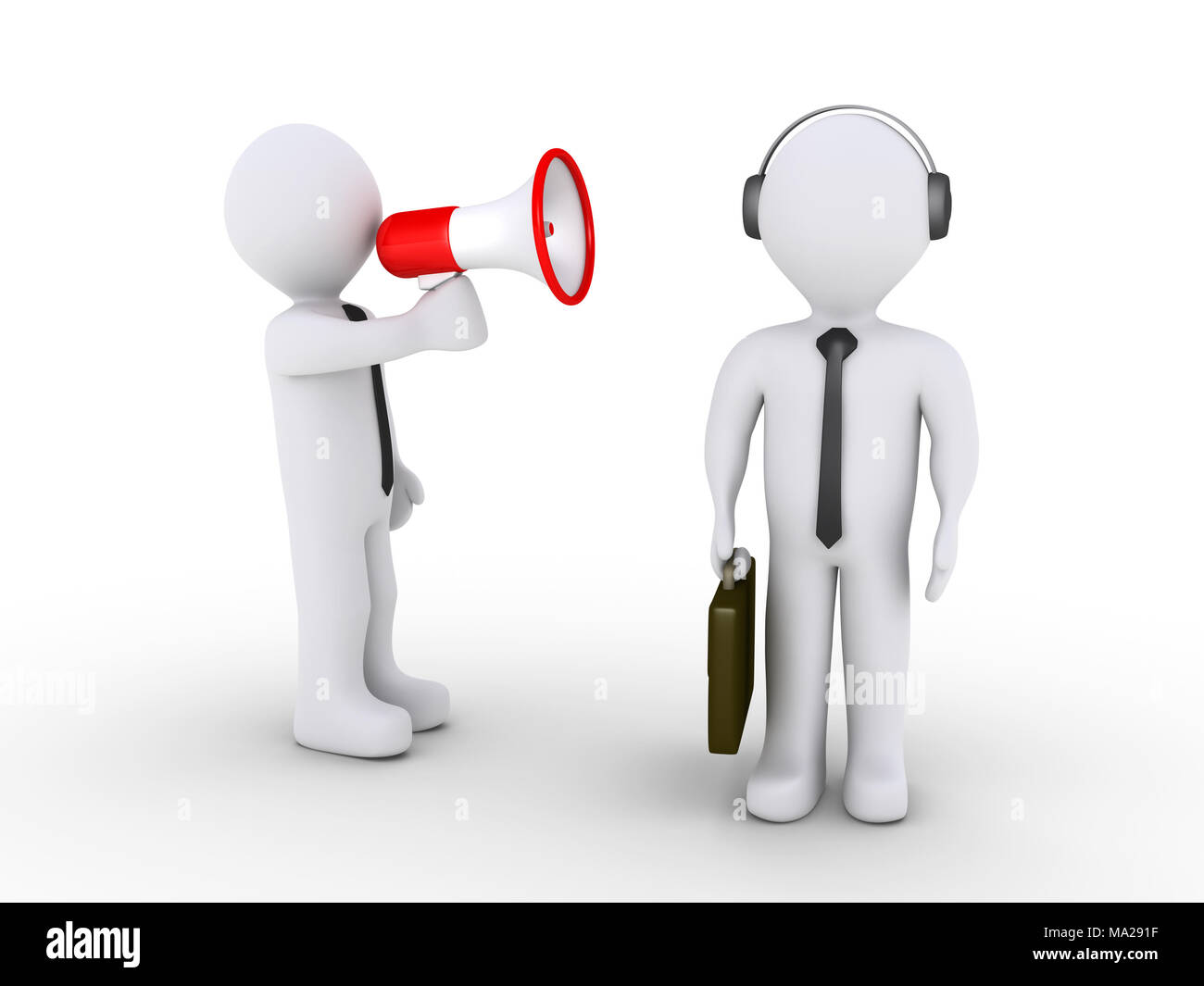 Homme d 3d est criant à l'aide de porte-voix pour une autre qui porte un casque Banque D'Images