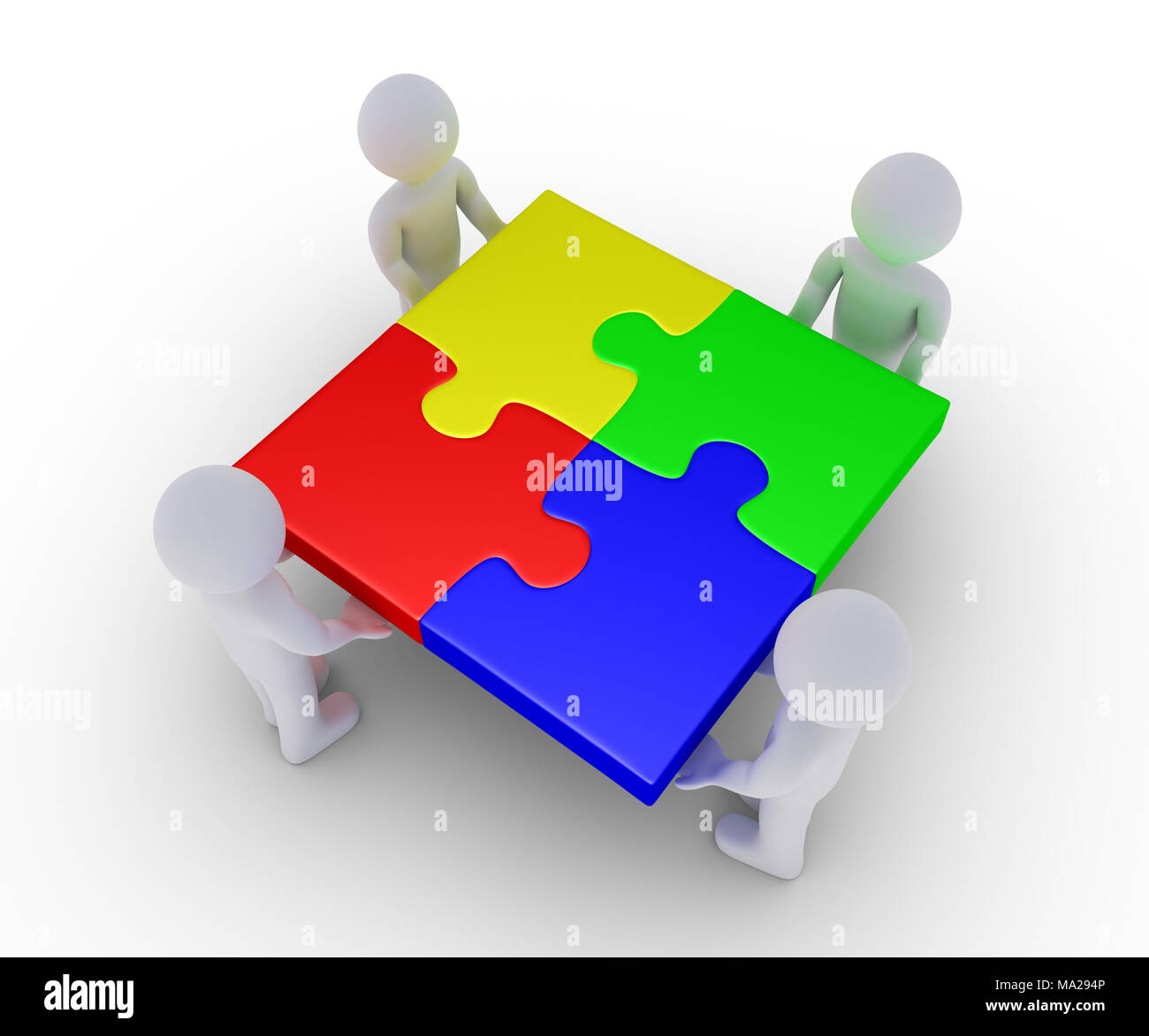 Quatre personnes 3d sont maintenant connectés des pièces de puzzle Banque D'Images