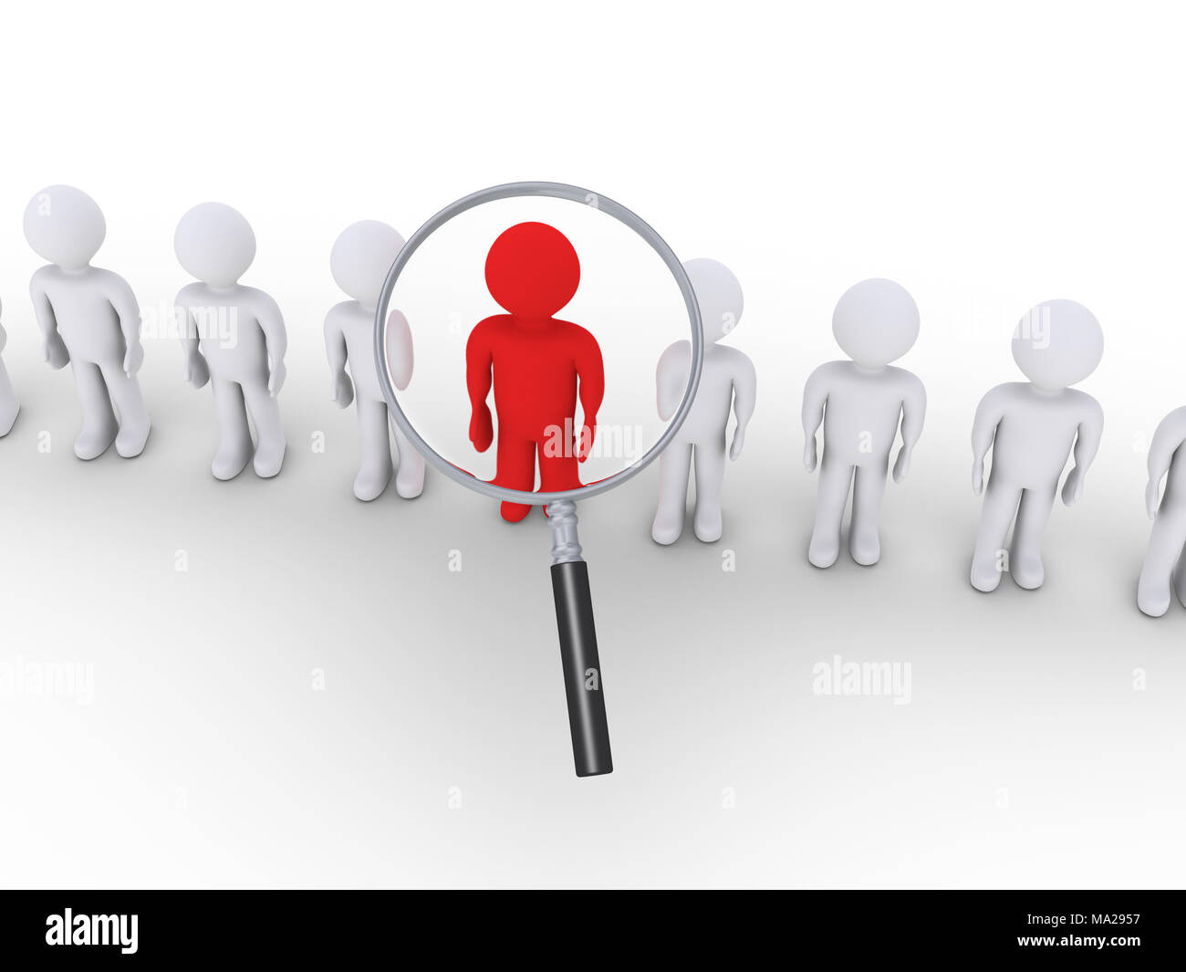 Les gens 3d dans une rangée et une loupe est zoomée par Banque D'Images