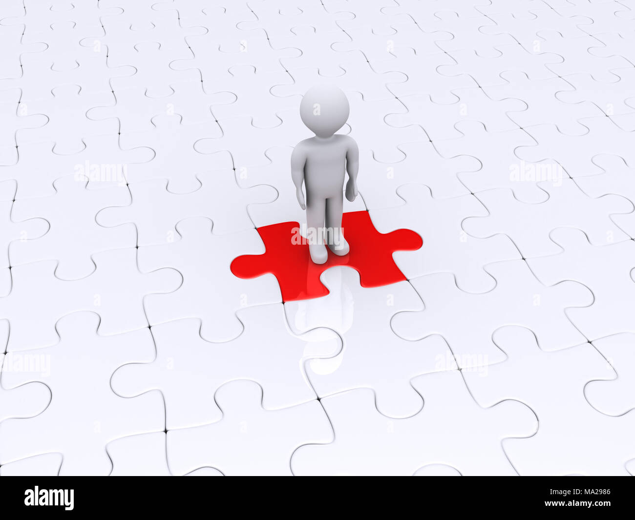 3d personne est debout sur un morceau de puzzle rouge Banque D'Images