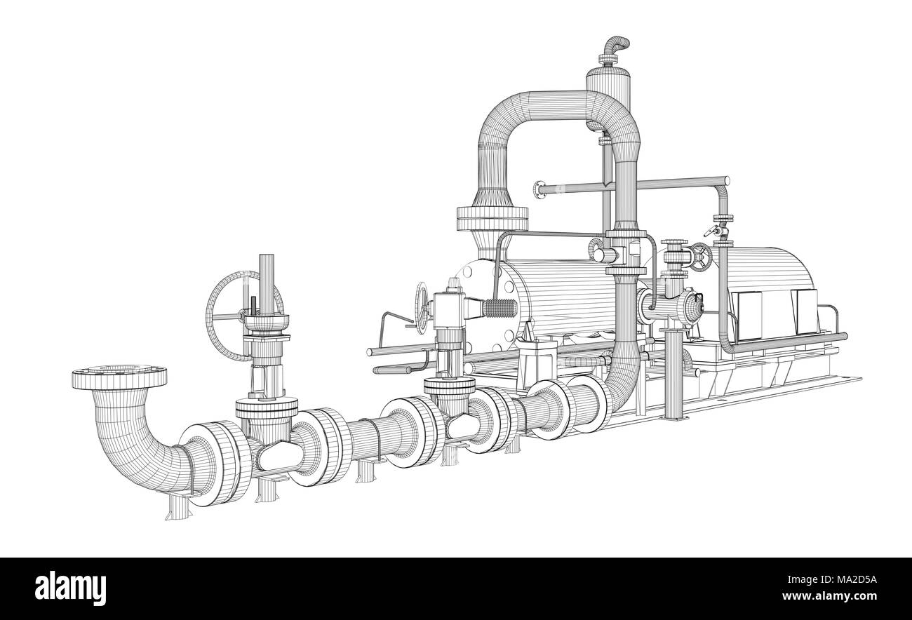 Pompe industrielle en fil de fer. Le Rendu 3D. Isoalted sur fond blanc Banque D'Images