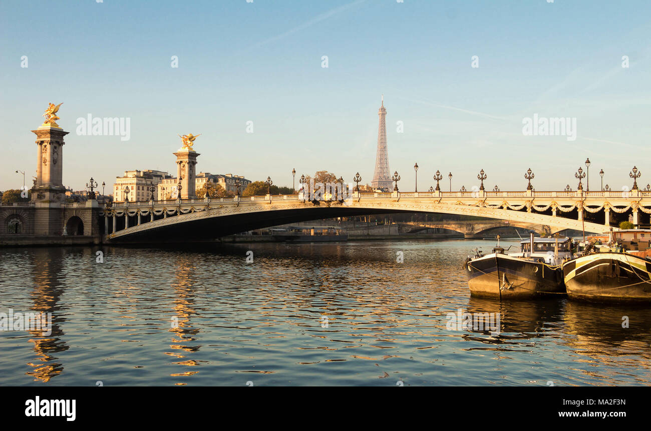 Le pont Alexandre III est un pont en arc pont qui enjambe la Seine à Paris. Il est largement considéré comme le plus fleuri, pont extravagants dans la ville Banque D'Images