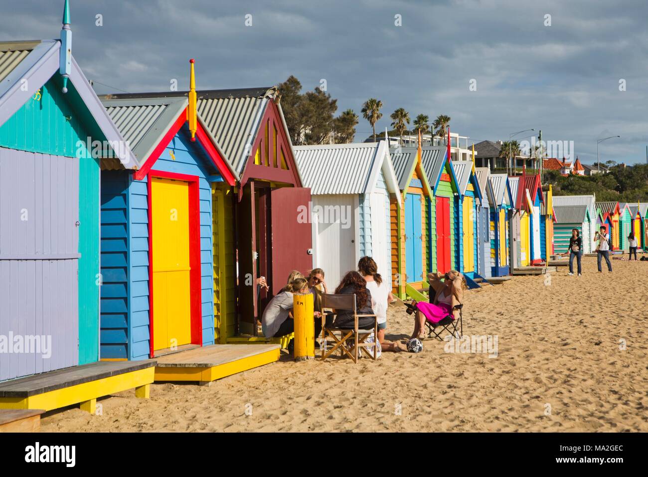 Cabines de plage sur le brin à Brigton, près de St Kilda, Melbourne, Australie Banque D'Images