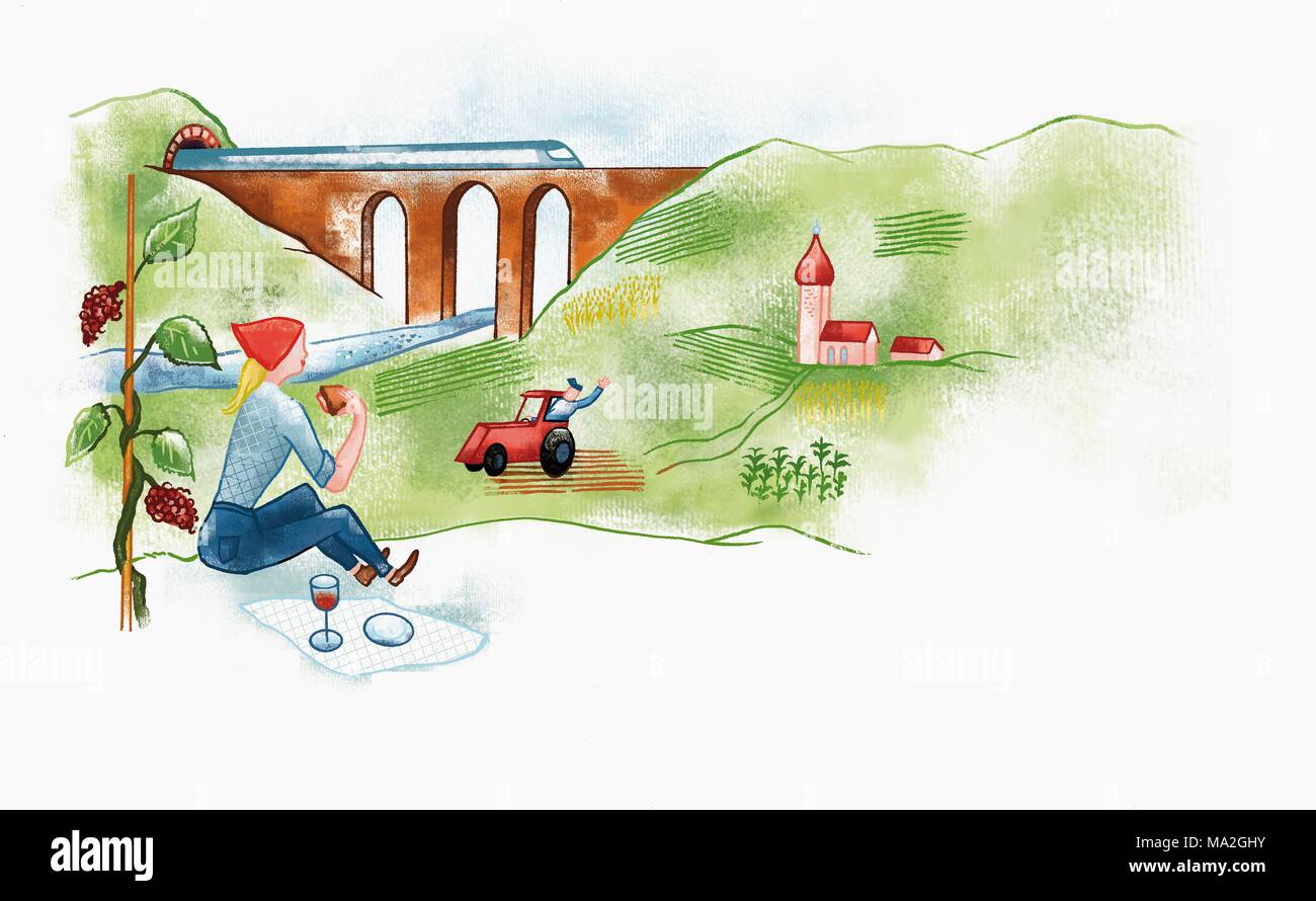 Une femme ayant un pique-nique à la campagne en vue d'un agriculteur dans son tracteur et d'un viaduc (illustration) Banque D'Images Une femme ayant un pique-nique à la campagne en vue d'un agriculteur dans son tracteur et d'un viaduc (illustration) Banque D'Images
