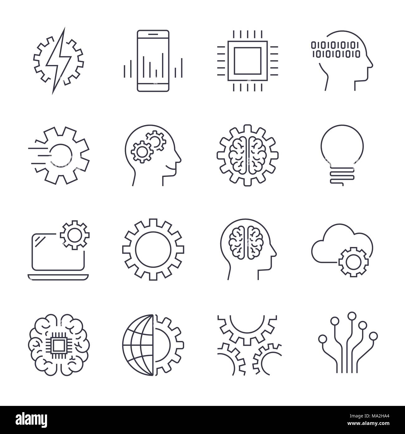 Simple Jeu d'Intelligence Artificielle liée ligne vectorielle d'icônes. Contient des icônes telles que la reconnaissance faciale, algorithme, l'auto-apprentissage et de plus. Avc. modifiable EPS 10 Illustration de Vecteur