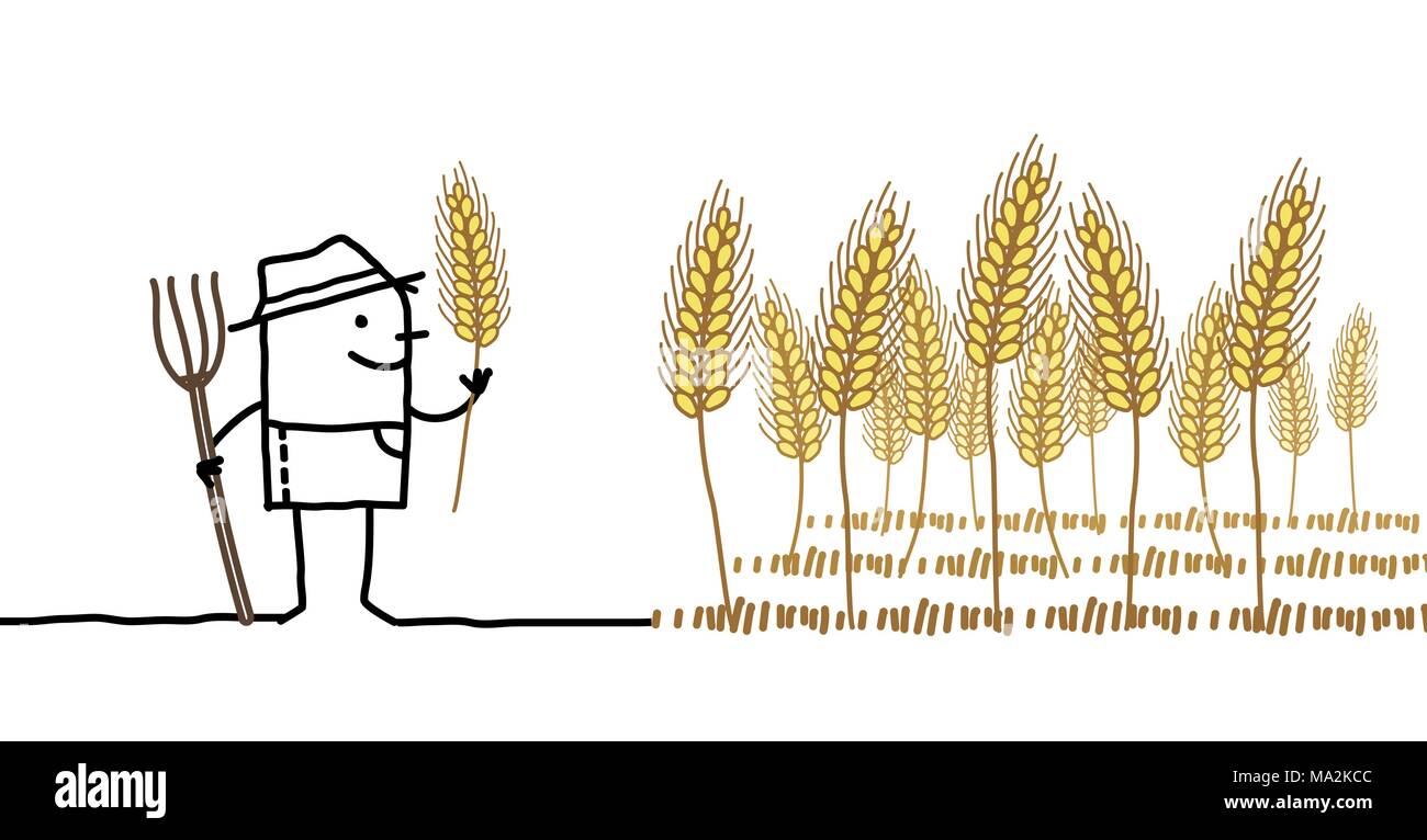 Cartoon Farmer et champ de blé Illustration de Vecteur