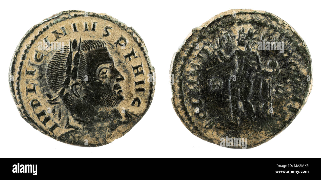 Pièce de cuivre antique romaine de l'Empereur Licinius I. Banque D'Images