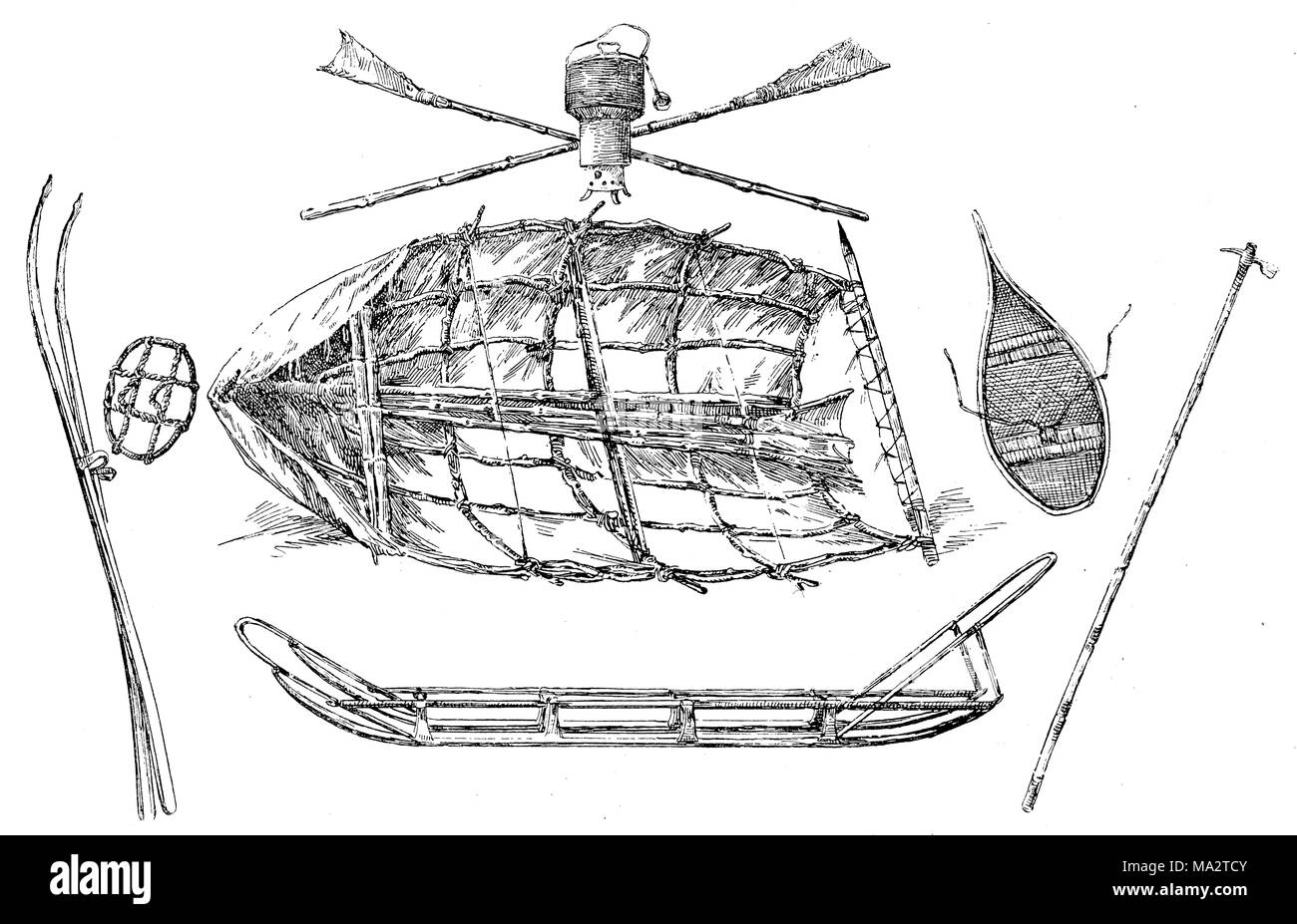 L'équipement par Fridtjof Nansen et Otto Sverdrup : bateau, cuisine, skis, raquettes, luge, hache Banque D'Images