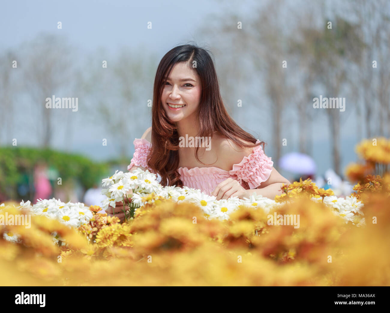 Belle femme dans le jardin coloré chrysanthème glower Banque D'Images