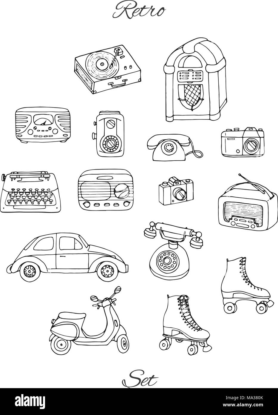 Vector set retro avec un tech, voiture, scooter, juke box, radio, machine à écrire, de patins, de caméras et d'un lecteur de disque de vinyle. Collection dessiné à la main Illustration de Vecteur
