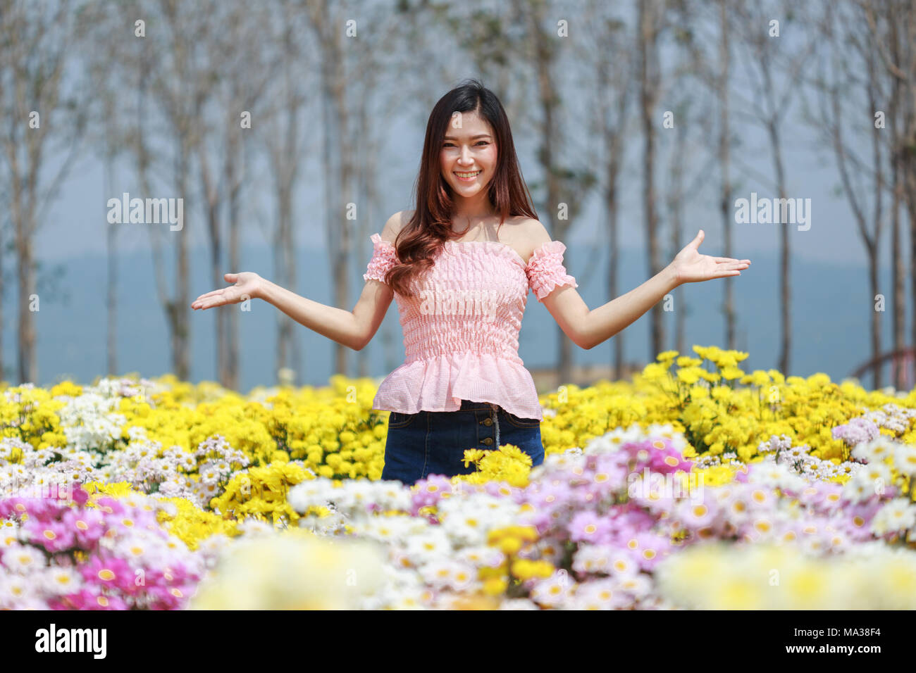 Belle femme dans le jardin coloré chrysanthème glower Banque D'Images