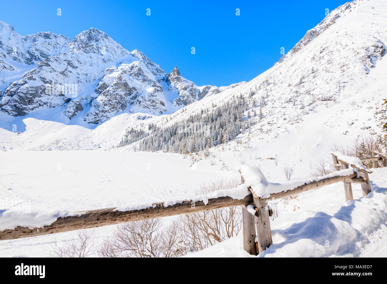 Le lac Morskie Oko gelé en hiver, les montagnes Tatras, Pologne Banque D'Images