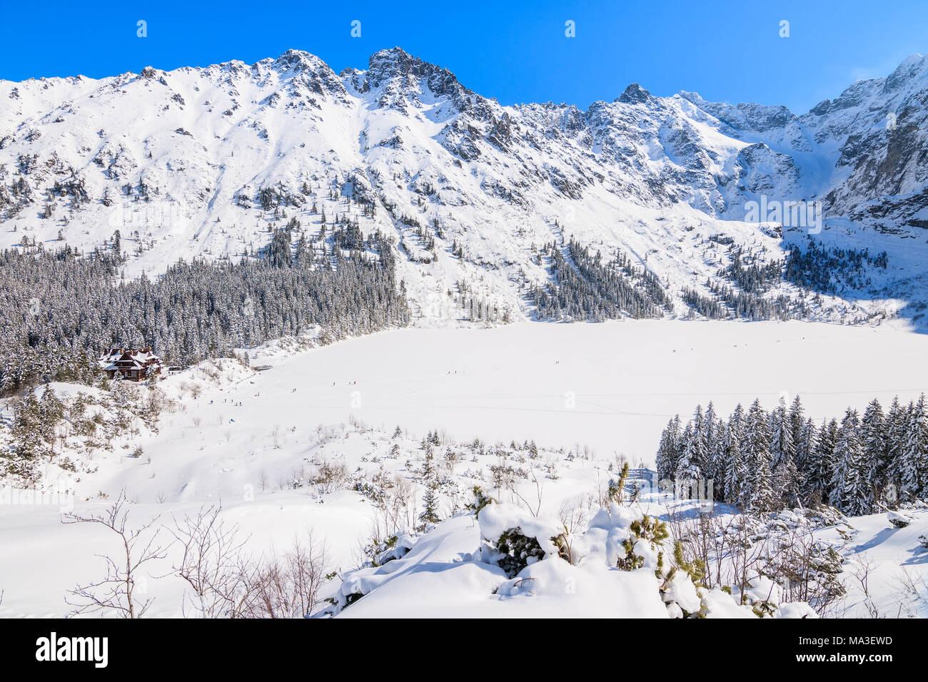 Vue sur le lac Morskie Oko gelé en hiver, les montagnes Tatras, Pologne Banque D'Images