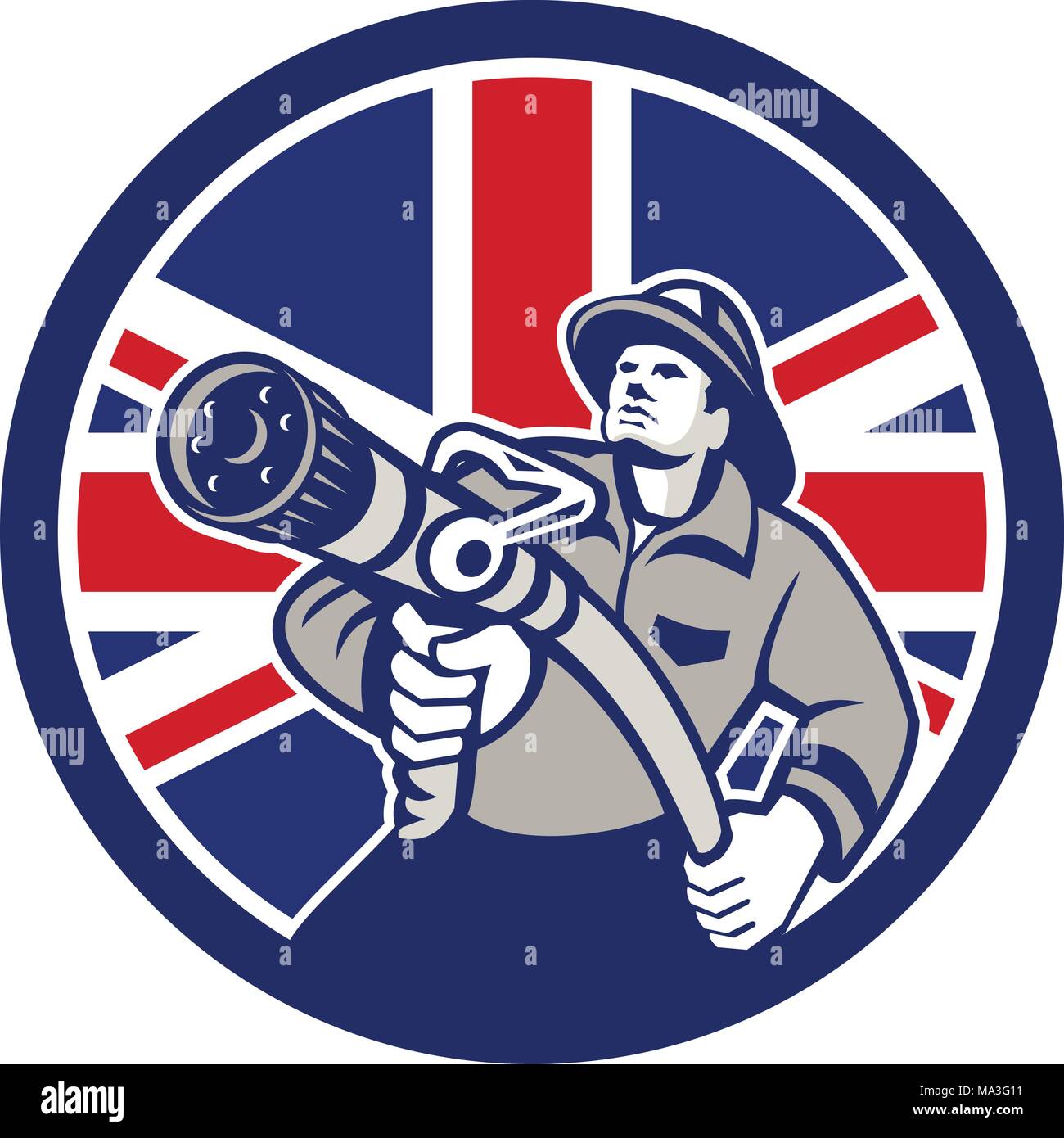 Style rétro icône illustration d'un pompier ou un pompier tenant une lance incendie vue de l'avant avec United Kingdom UK, Grande-Bretagne Union Jack. Illustration de Vecteur