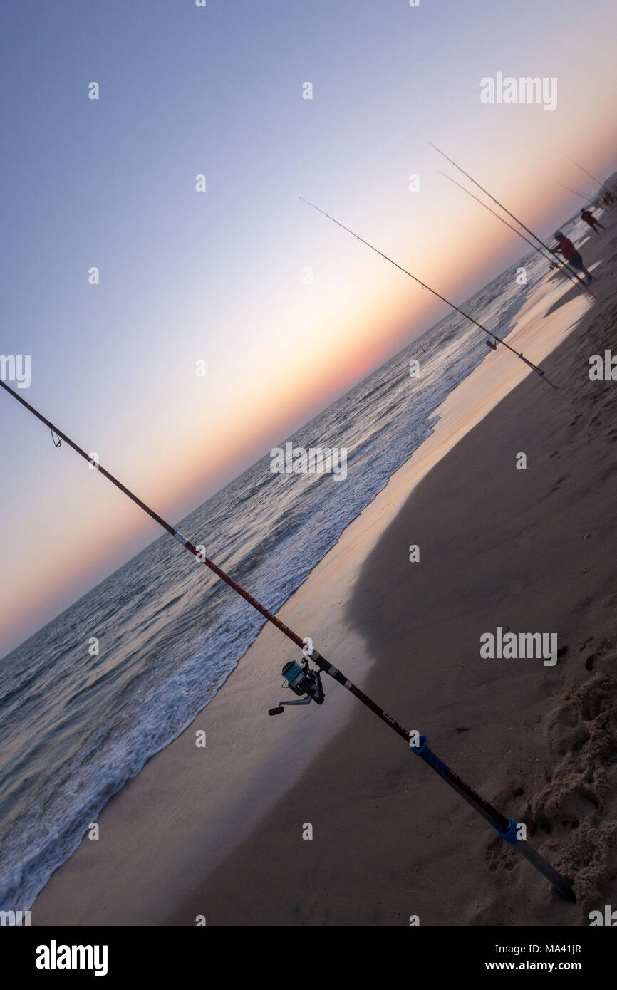 La pêche avec la tige dans la plage de Matalascañas, au crépuscule, Almonte, Province de Huelva, Andalousie, espagne. Banque D'Images