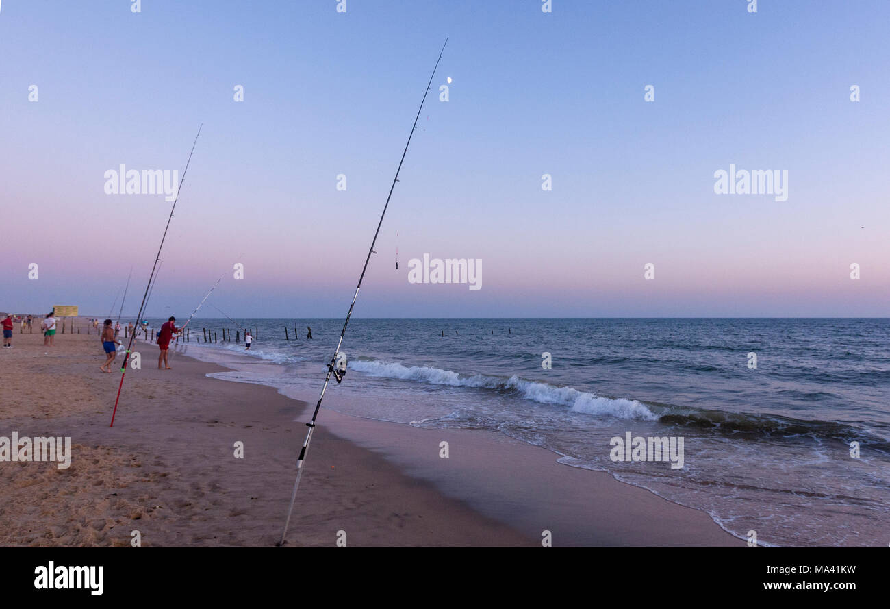 La pêche avec la tige dans la plage de Matalascañas, au crépuscule, Almonte, Province de Huelva, Andalousie, espagne. Banque D'Images