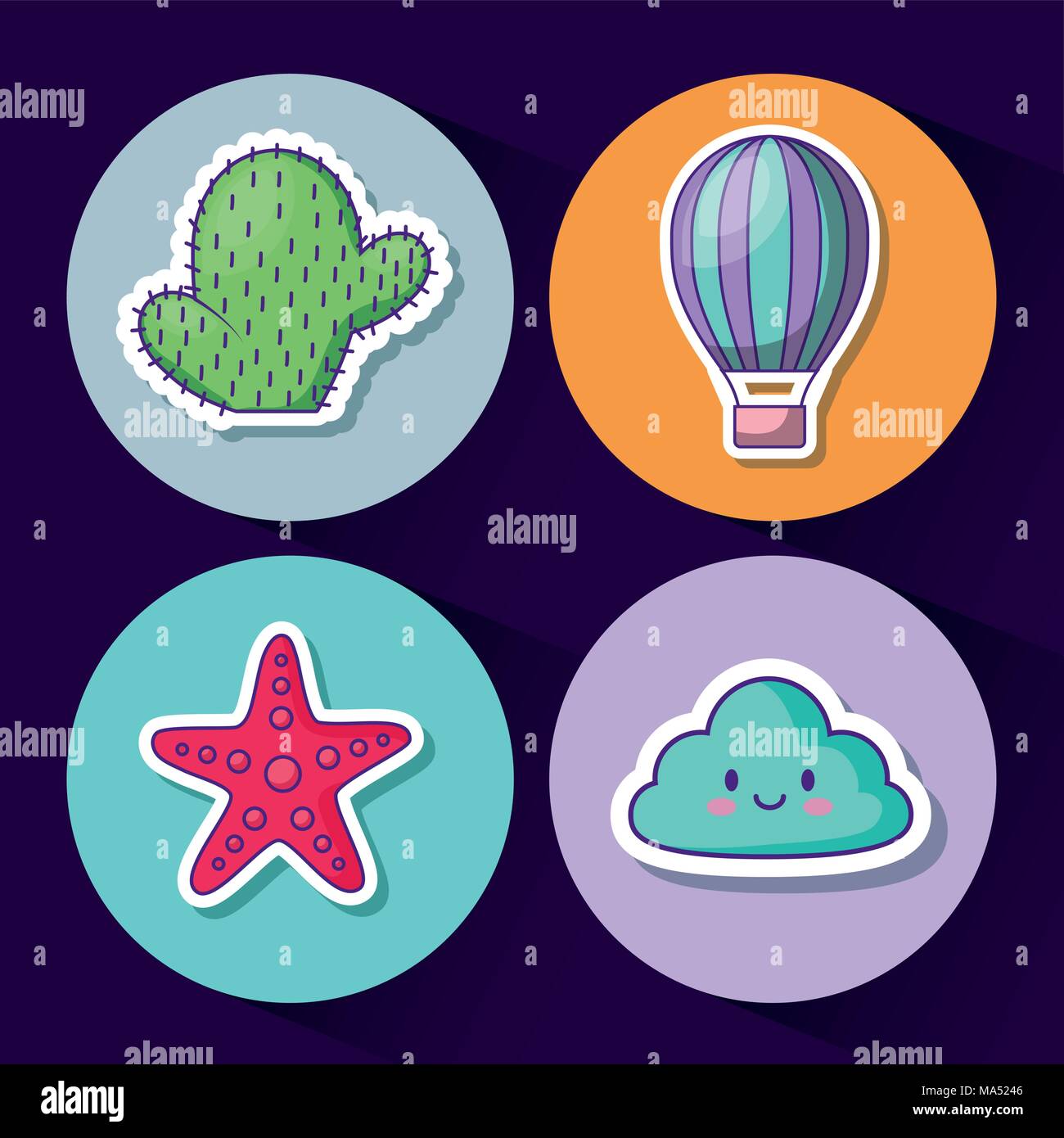 Ensemble de l'icône nuage kawaii cute et cercles colorés au concept et le fond bleu, vector illustration Illustration de Vecteur
