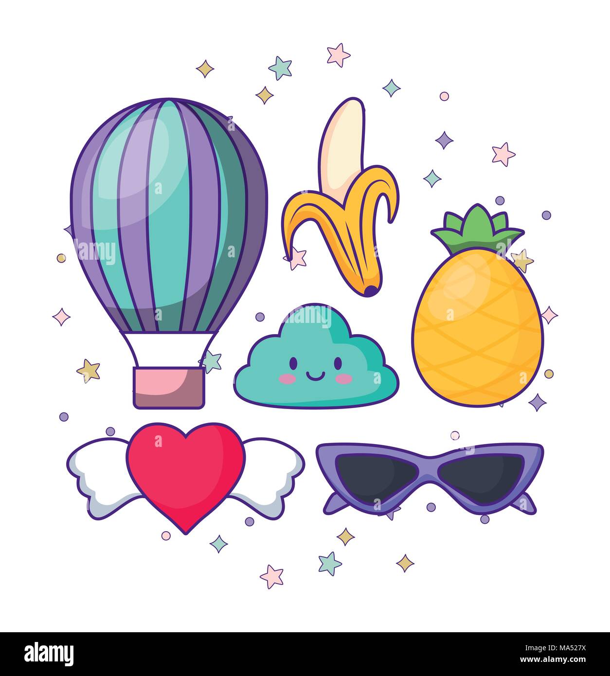 Nuage Kawaii Cute Et Icones Liees Avec Des Etoiles Autour De Sur Fond Blanc Design Colore Vector Illustration Image Vectorielle Stock Alamy