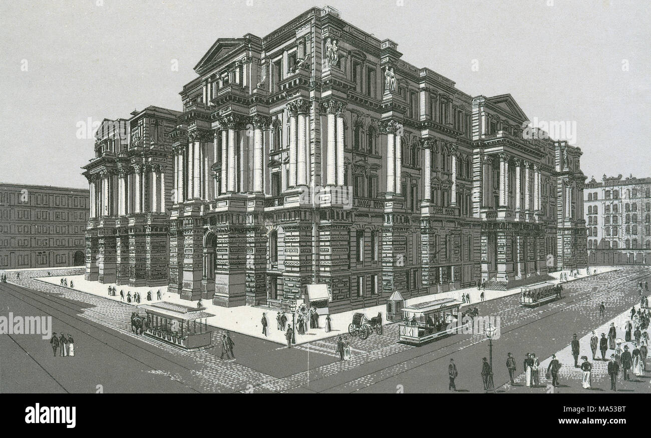 Meubles anciens c1885 impression monochromatique d'un album souvenir, montrant l'Hôtel de Ville et Palais de bâtiments (1882-1905) à Chicago, Illinois. Il a été conçu par James Egan. Imprimé avec le procédé lithographique Glaser/Frey, une lithographie de pierre processus développé en Allemagne. Banque D'Images