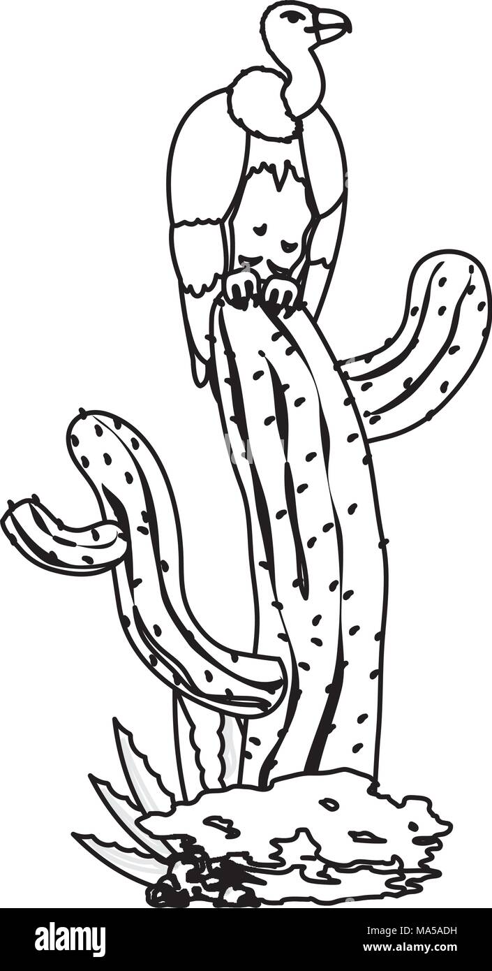Vautour sauvage ligne animal dans le cactus Illustration de Vecteur