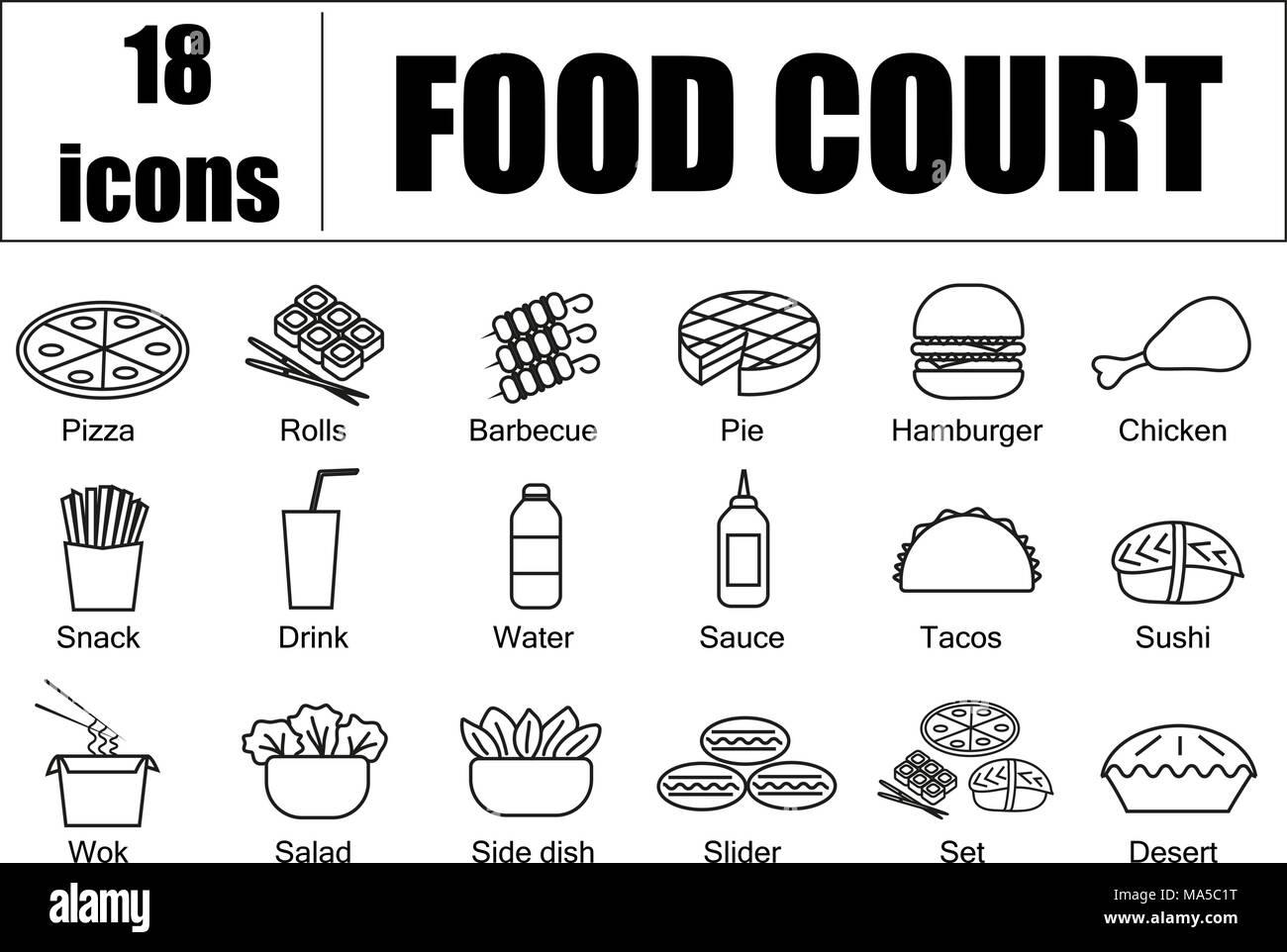 Food court ensemble d'icônes, de ligne, de vecteur. Livraison de nourriture, menu Plan du Illustration de Vecteur