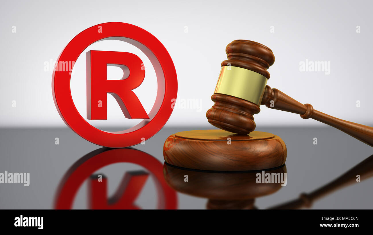 Marque déposée droit et juridique affaires concept avec le symbole de marque rouge et marteau 3D illustration. Banque D'Images