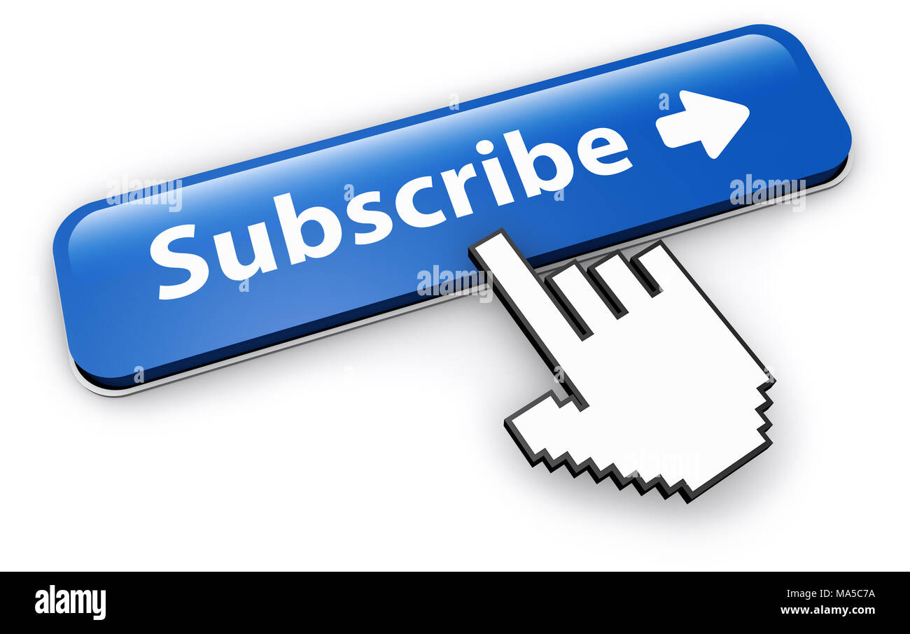 Nouvelles du site Web et services concept d'abonnement avec curseur main cliquer sur un bouton s'abonner bleu 3D illustration sur fond blanc. Banque D'Images