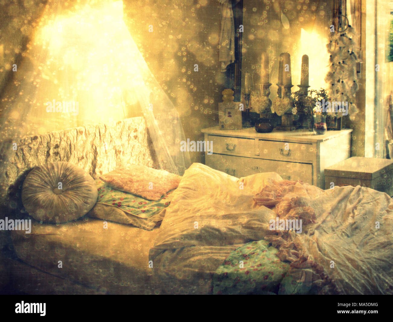 Photomontage, chambre, lit, Banque D'Images