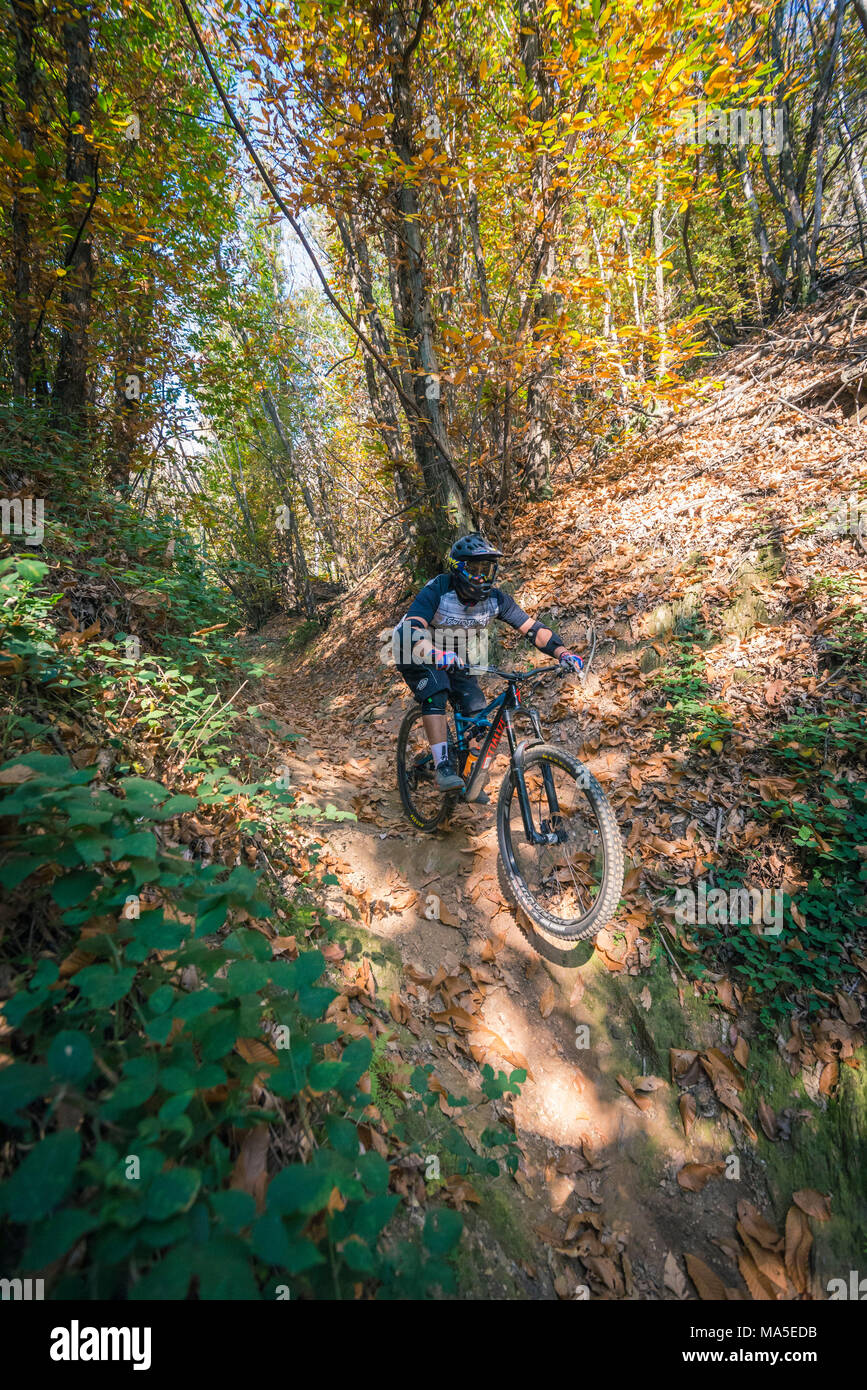 La pratique de l'Enduro, Pogno, Piémont, Italie. Un cycliste court une saleté d'enduro Banque D'Images