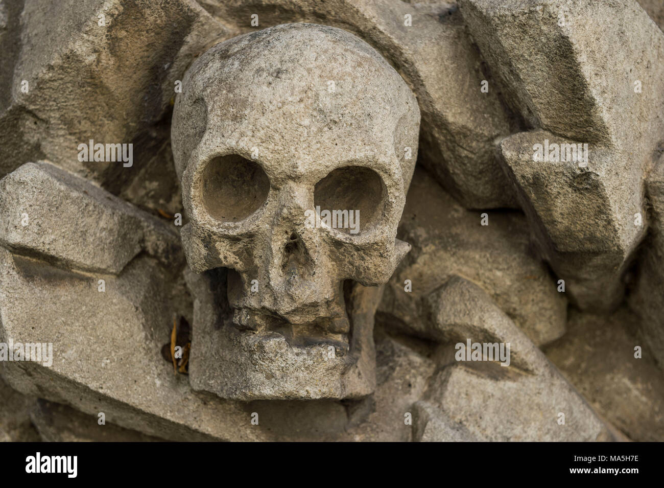 Sur un crâne en pierre de l'église Trinity de pierres tombales du cimetière, l'église de la Sainte Trinité, l'Unesco world heritage sight, Regensburg, Bavière, Allemagne Banque D'Images