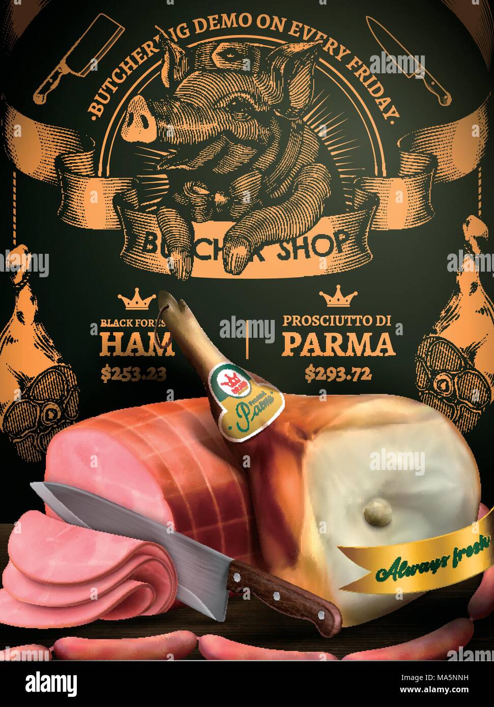 Boutique de la boucherie, charcuterie annonces promotion de délicieux aliments en 3d illustration avec la viande de porc et de gravure exquise design Illustration de Vecteur