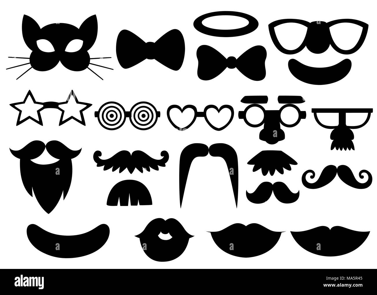 Silhouettes noires. Jeu de masques de plaisir. Partie anniversaire photo  booth props. Moustache, lunettes, noeud papillon et la bouche dans un style  de dessin animé. Vector illustration Image Vectorielle Stock - Alamy