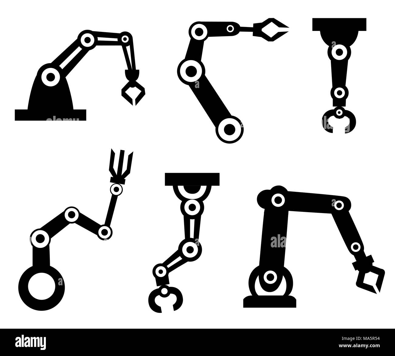Silhouettes noires. Ensemble de bras robotiques. Le bras robotique de fabrication. Icône de style dessin animé. Vector illustration isolé sur fond blanc. Illustration de Vecteur