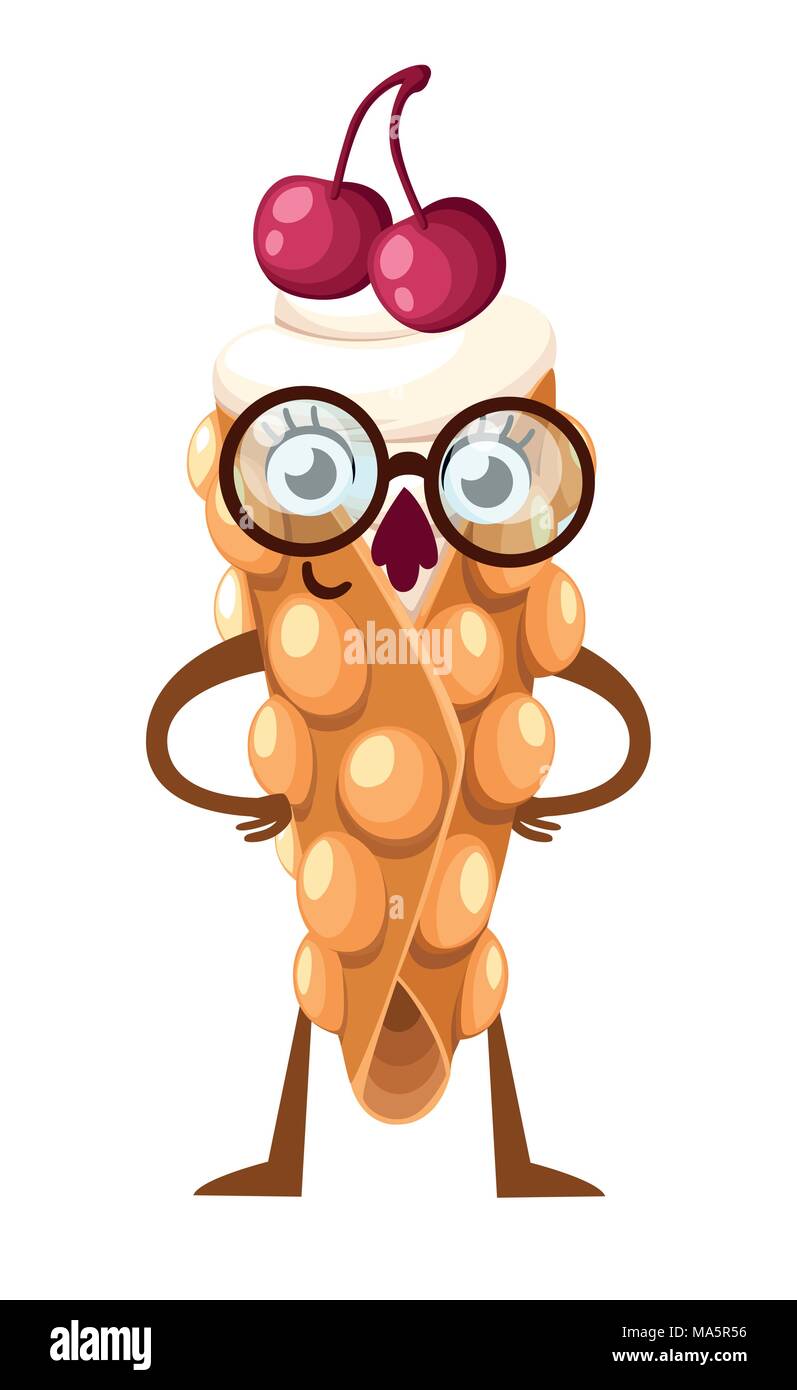 Style Cartoon character design. Mascot avec lunettes. Hong Kong gaufre avec cerise et crème fouettée vector illustration isolé sur fond blanc w Illustration de Vecteur