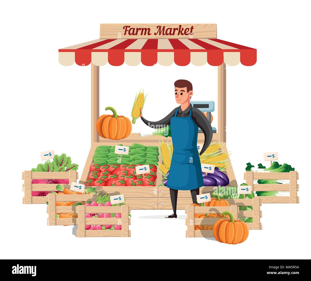 Agriculteur vendeur de légumes au guichet ferme d'aliments biologiques. Vendeur de rue avec cabine avec légumes. Vector illustration isolé sur fond blanc. W Illustration de Vecteur
