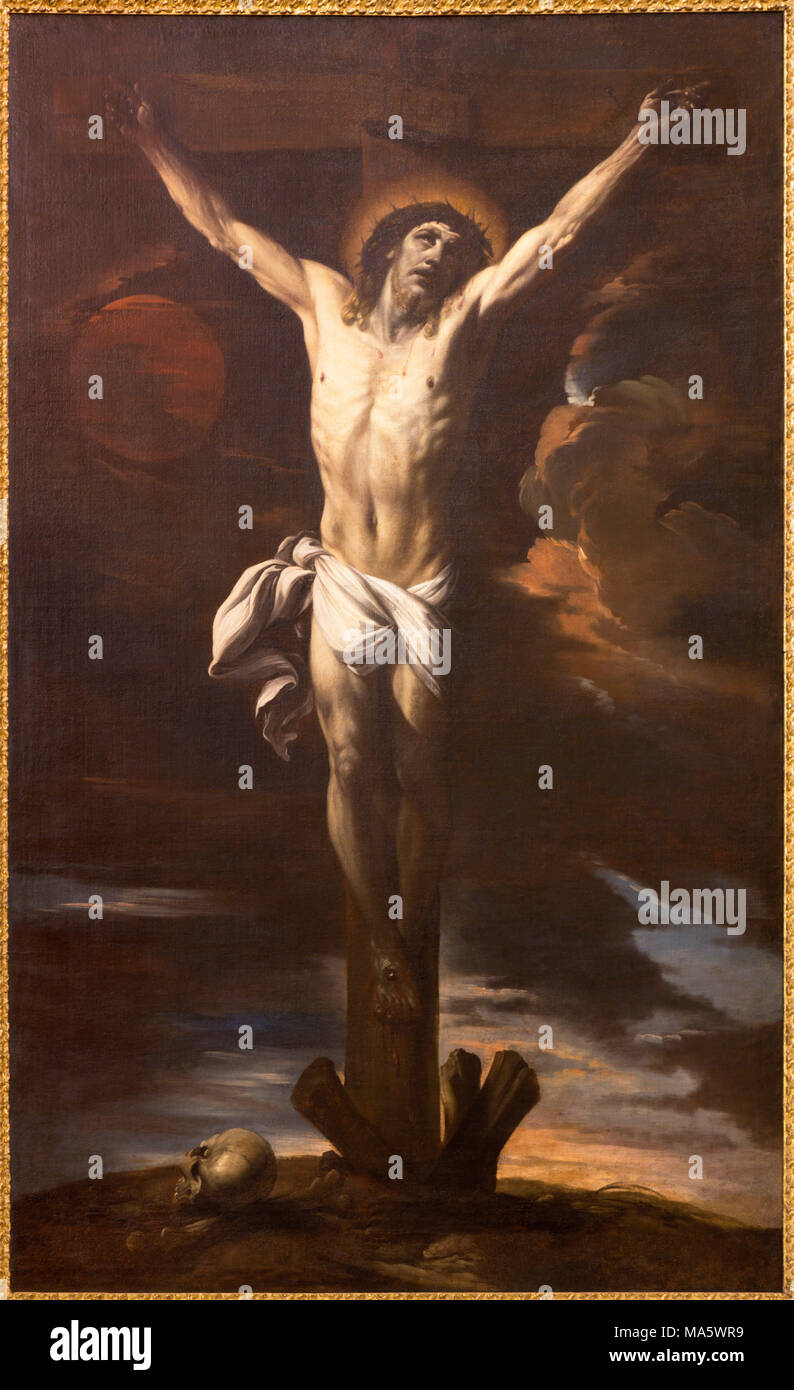 Saragosse, Espagne - 1 mars 2018 : Le tableau de la Crucifixion dans l'église de Giacinto Brandi (1670 - 1675). Banque D'Images