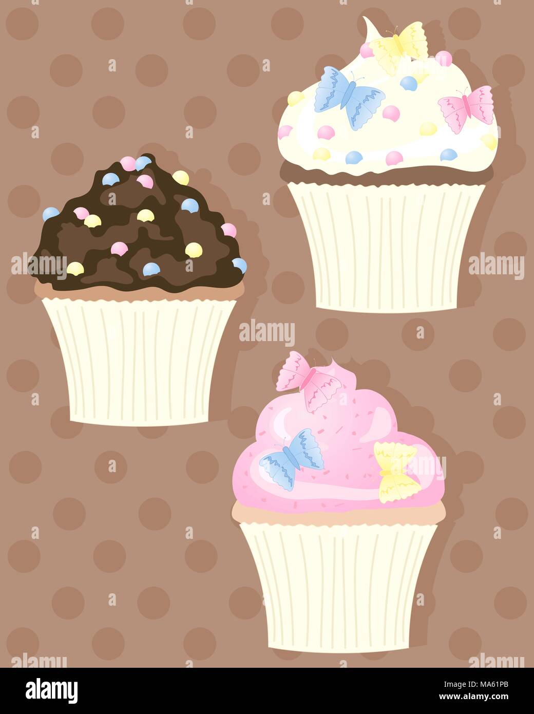 Un vecteur illustration en format eps 10 de trois petits gâteaux décorés de papillons et saupoudre sur un fond chocolat dotty Illustration de Vecteur