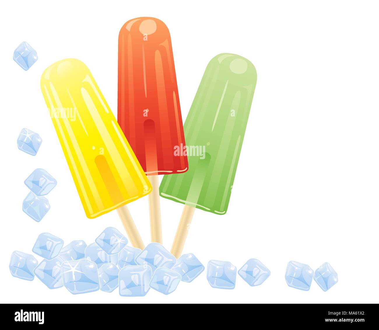 Un vecteur illustration en format eps 10 de trois fruits colorés sucettes glacées avec tumbling glaçons isolé sur fond blanc Illustration de Vecteur