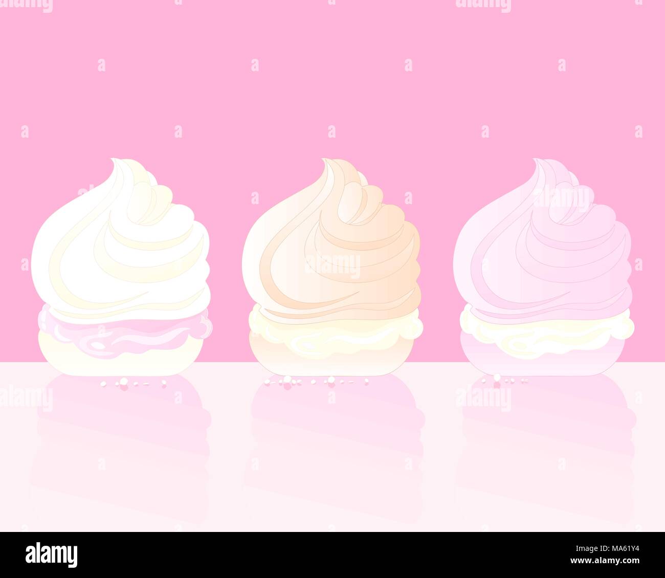 Un vecteur illustration en format eps 10 de trois délicieuses gâteries avec meringue swirly crème sur un fond rose Illustration de Vecteur