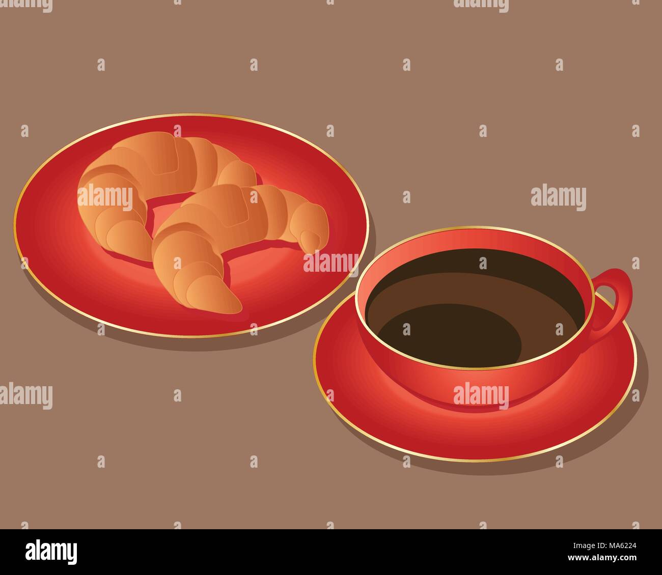 Un vecteur illustration en format eps 10 d'une assiette de croissants et d'une tasse de café sur la vaisselle rouge avec garniture d'or sur un fond de chocolat Illustration de Vecteur