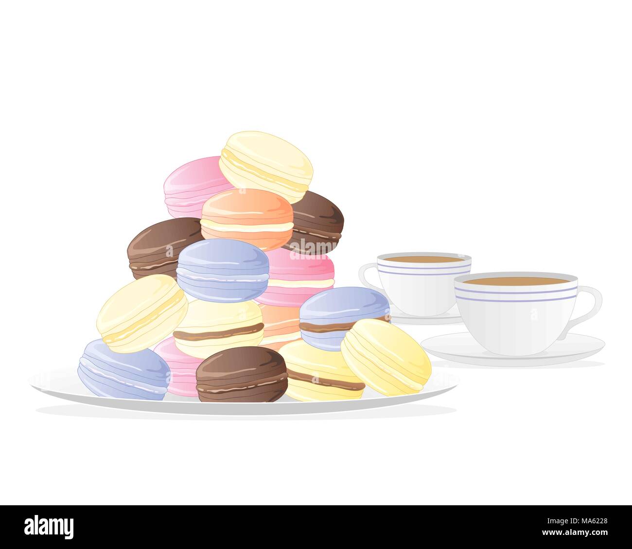 Un vecteur illustration en format eps 10 d'une plaque de macarons à la meringue avec deux tasses de thé isolé sur fond blanc Illustration de Vecteur