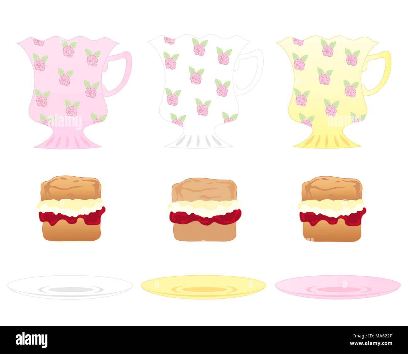 Un vecteur illustration en format eps 10 plaqués de verres et assiettes de délicieux scones à la crème de confiture et isolé sur fond blanc Illustration de Vecteur