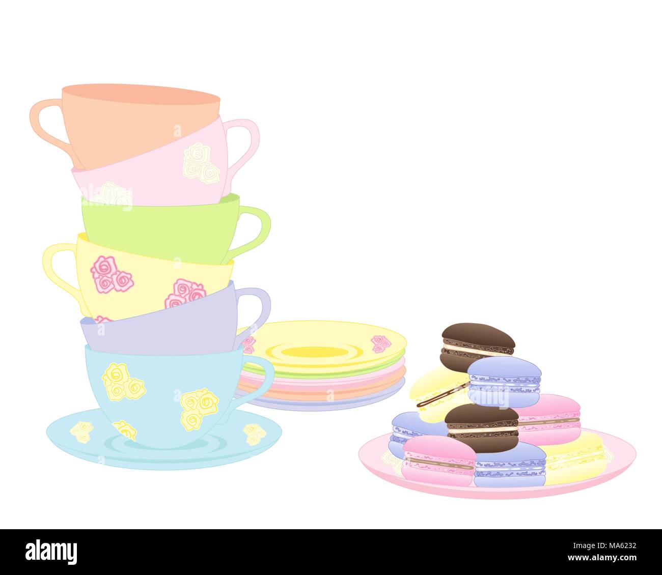 Un vecteur illustration en eps 10 forma d'un empilement de tasses et soucoupes de fantaisie avec un plateau de macarons colorés isolé sur fond blanc Illustration de Vecteur